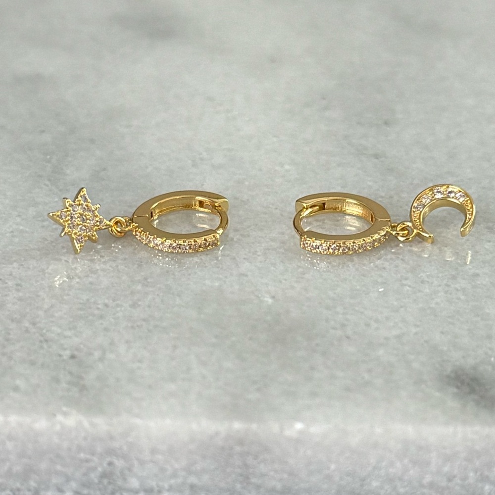 Gold Crystal Pave Star Moon Dangle Huggie Hoop Earrings
Brand New - Picture 2 of 5